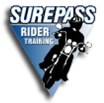 Surepass Logo of a person riding a motorcycle
